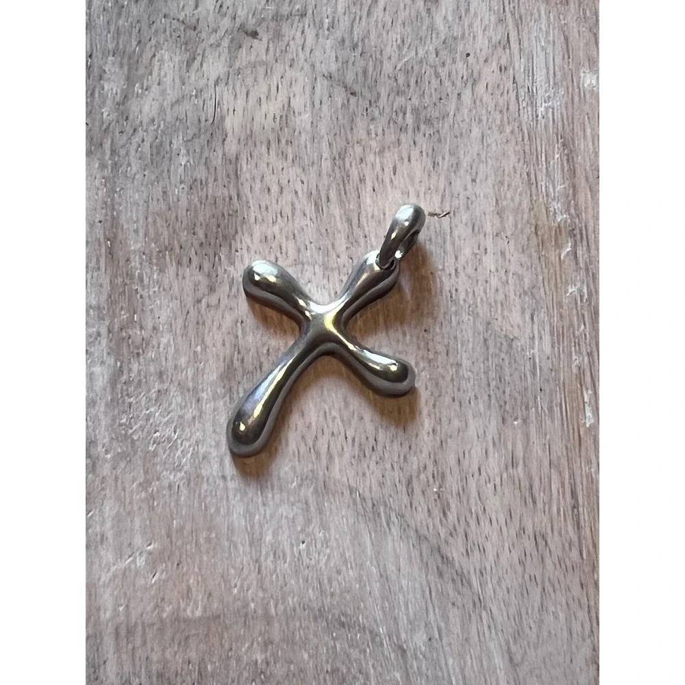 Sterling Silver Cross‎ Pendant Modern Rounded Sculptural Necklace Charm 925 